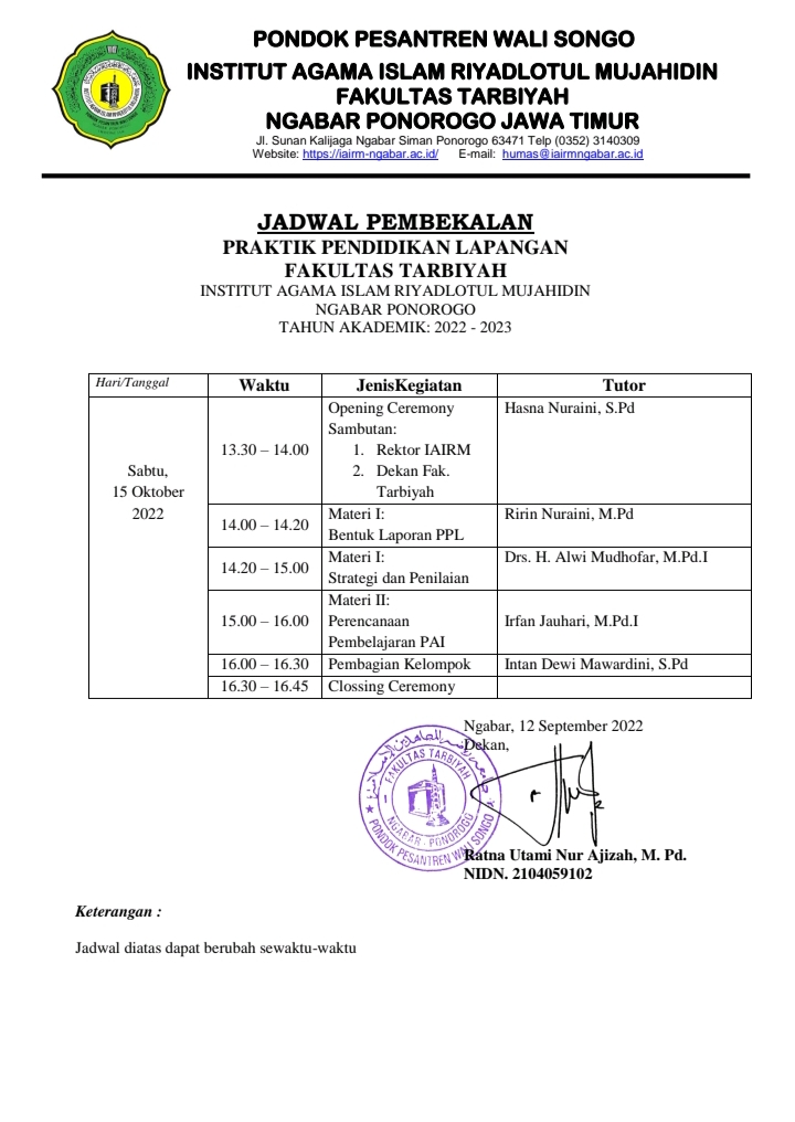 JADWAL PEMBEKALAN PPL 1 DAN PPL 2 TAHUN 2022