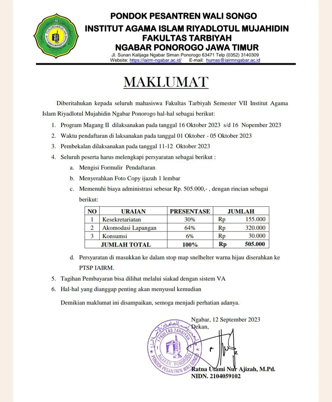 Maklumat Magang II, Fakultas Tarbiyah IAIRM Ngabar Ponorogo